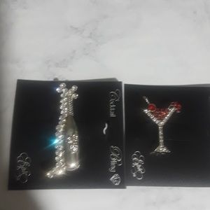 Set of Vine Bottle And Red Martini Pin Brooch